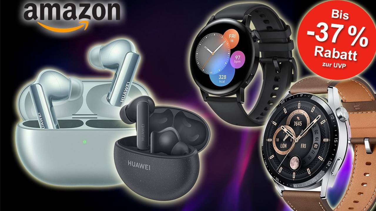 Huawei Smartwatches & Buds vor dunklem Hintergrund angeordnet.