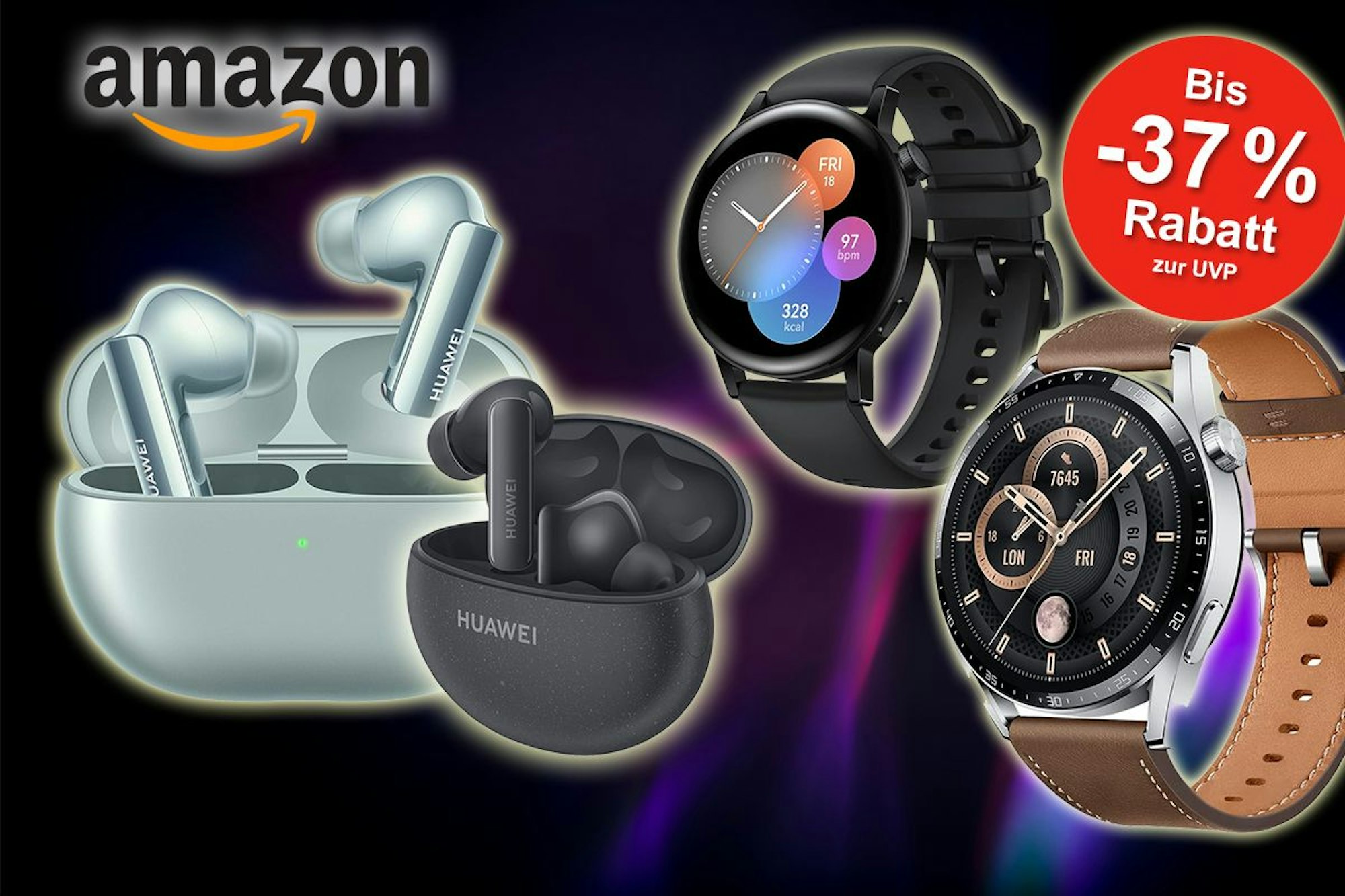 Huawei Smartwatches & Buds vor dunklem Hintergrund angeordnet.