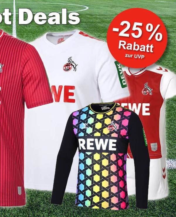 1. FC Köln Trikots Heim, Auswärts, Ausweich, Torwart Saison 2023/24. Im Hintergrund Fußballrasen.