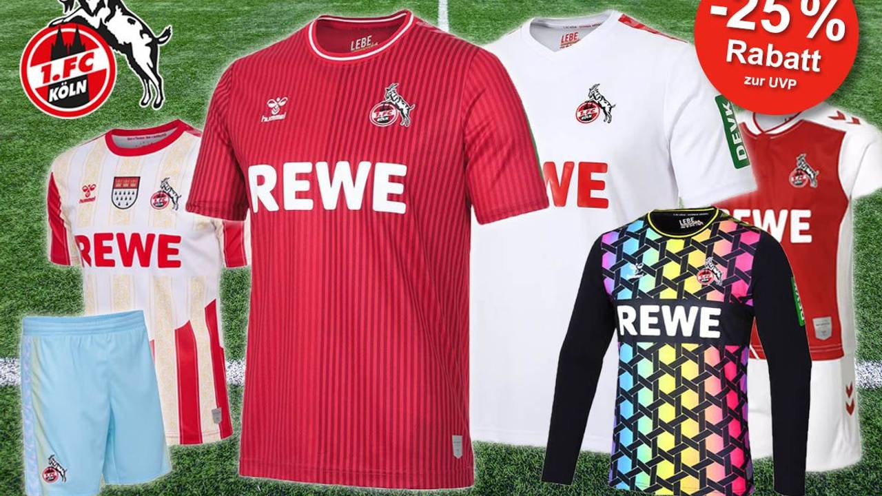 1. FC Köln Trikots Heim, Auswärts, Ausweich, Torwart Saison 2023/24. Im Hintergrund Fußballrasen.