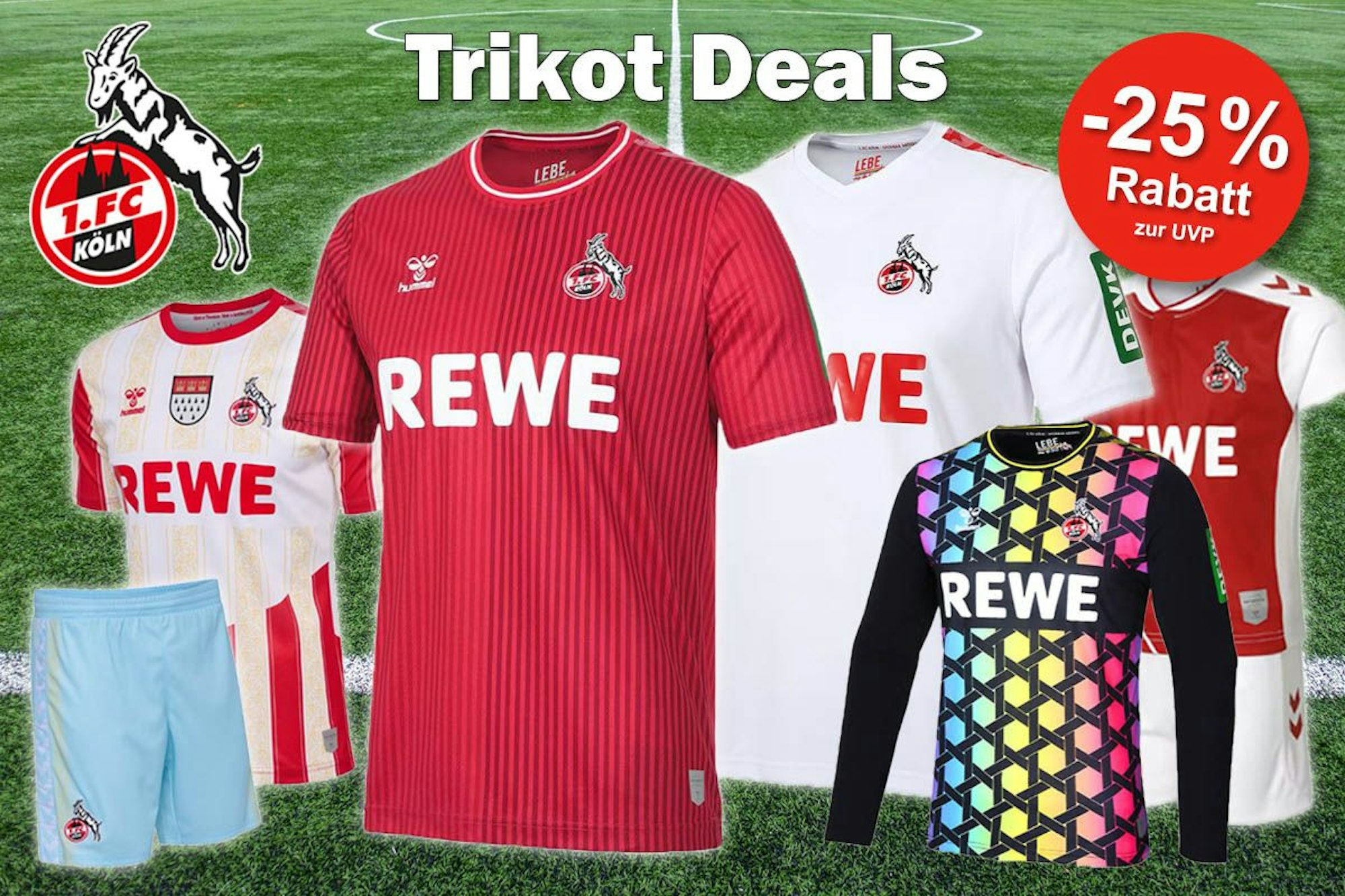 1. FC Köln Trikots Heim, Auswärts, Ausweich, Torwart Saison 2023/24. Im Hintergrund Fußballrasen.