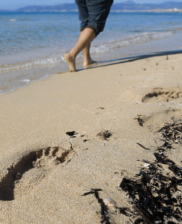 Ein Mann geht barfuß am Strand spazieren.