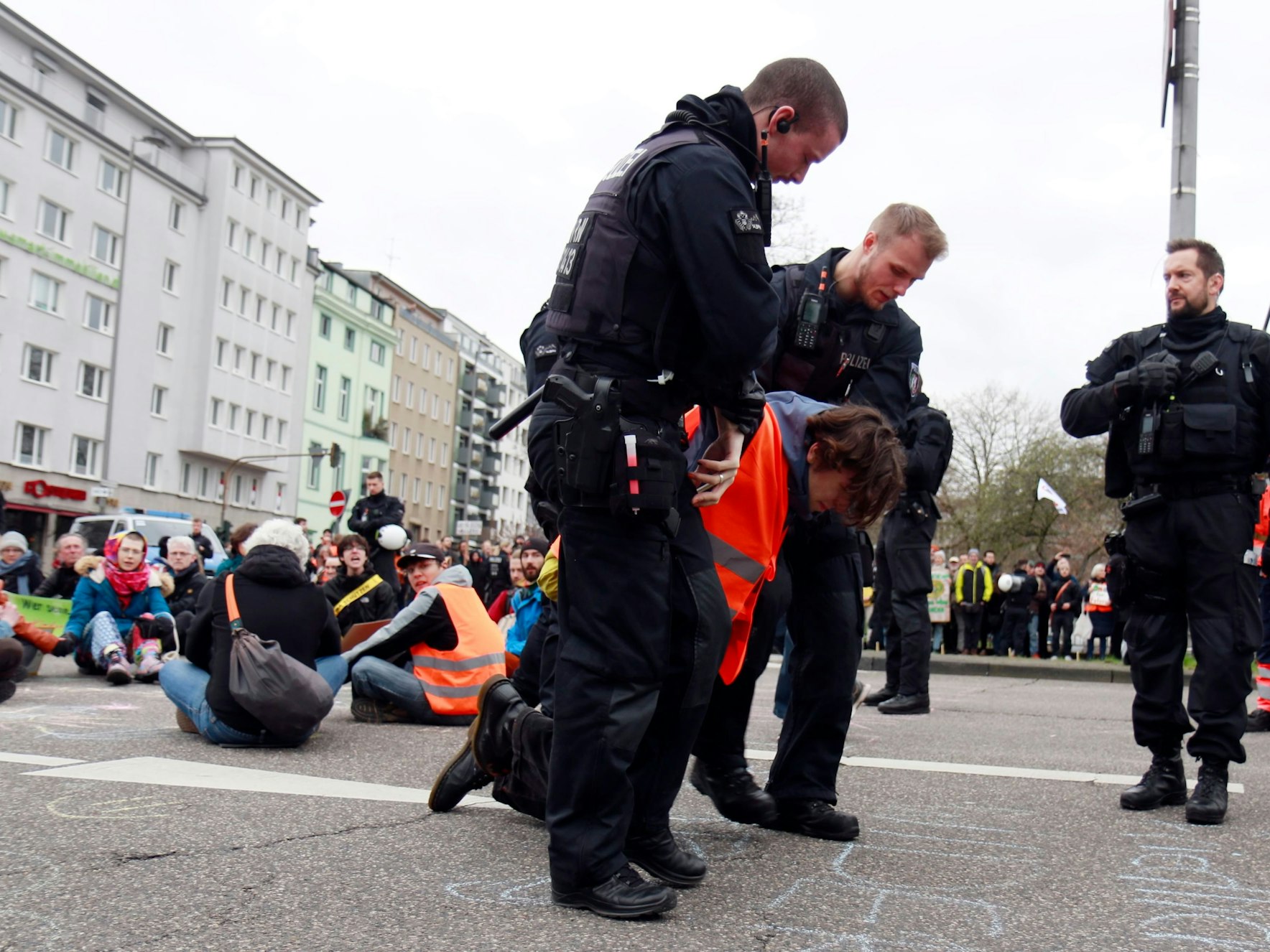 Polizisten tragen einen Demonstranten von der Straße.