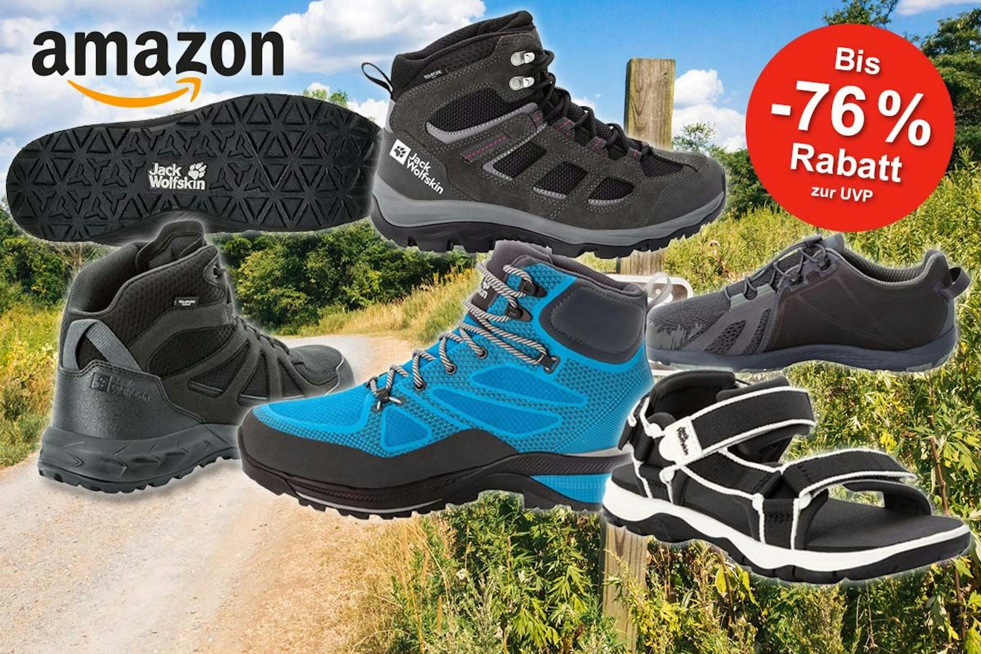 Jack Wolfskin Outdoor Schuhe, Walking Schuhe und Sandalen für einem Wanderweg in der Natur.
