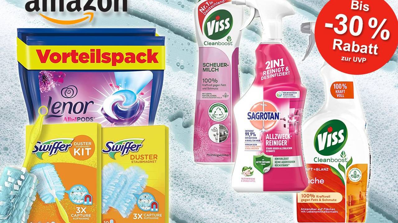 Putz- und Waschmittel von Marken wie Viss, Sagrotan, Swiffer, Lenor.