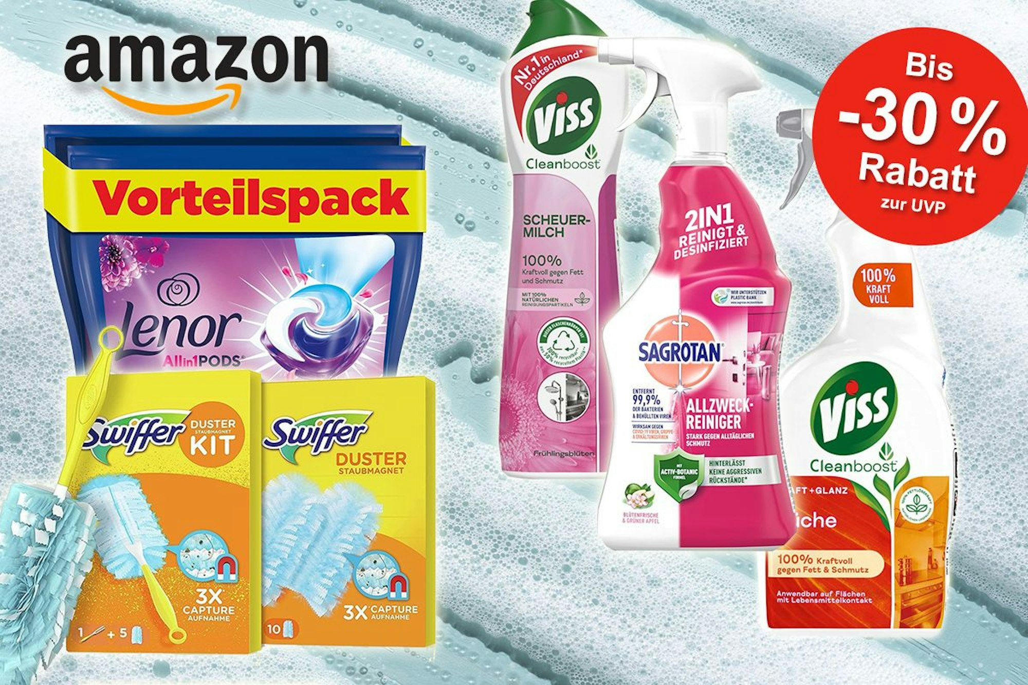 Putz- und Waschmittel von Marken wie Viss, Sagrotan, Swiffer, Lenor.
