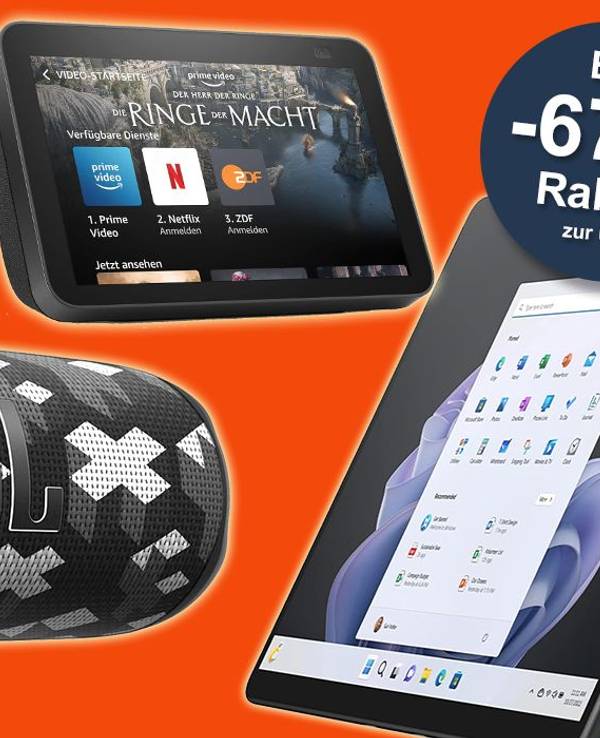 Technikprodukte wie Microsoft Surface, Echo Show und JBL Box.