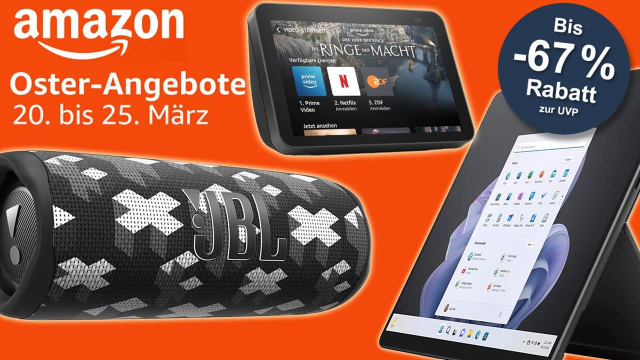 Technikprodukte wie Microsoft Surface, Echo Show und JBL Box.