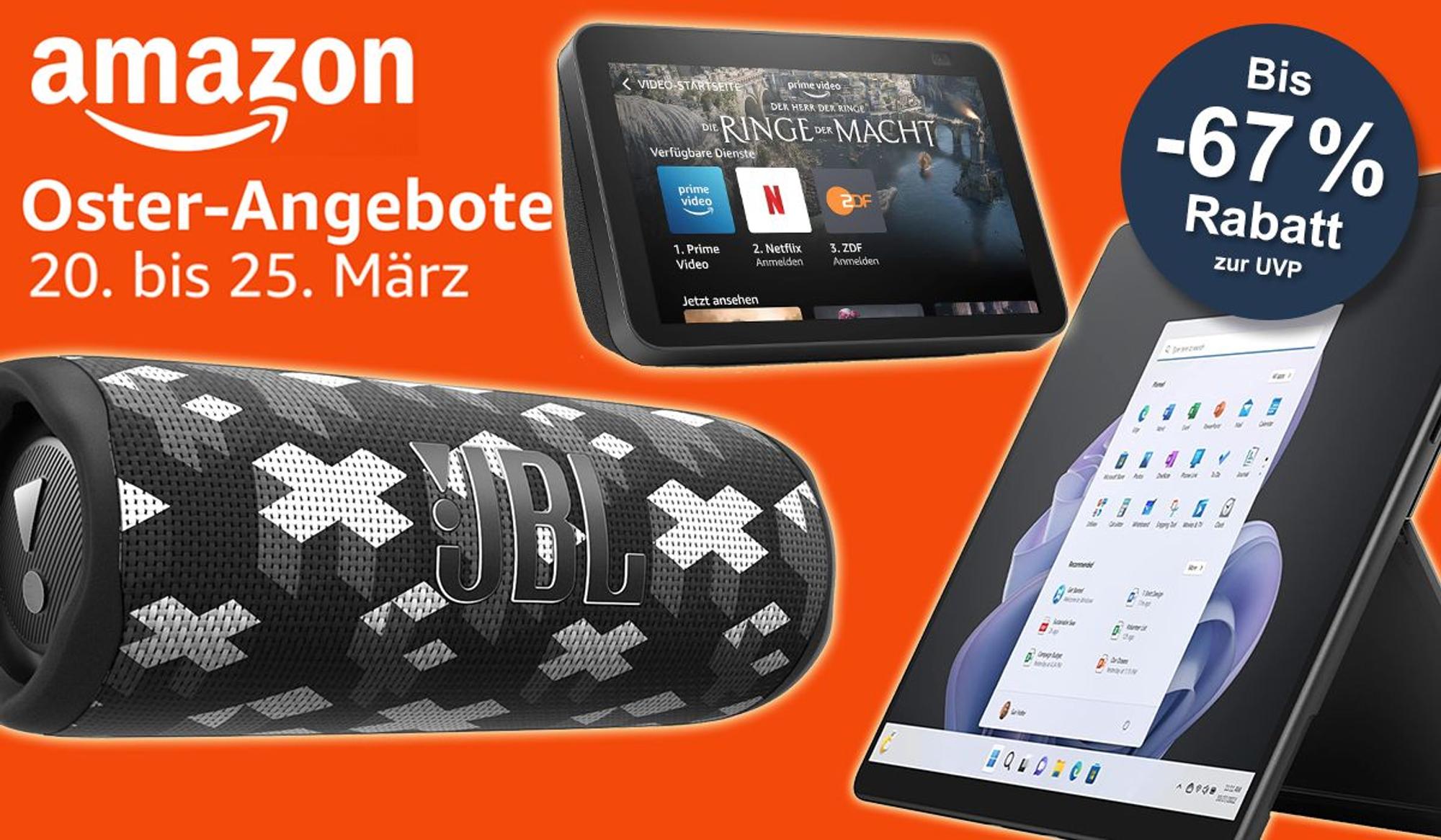 Technikprodukte wie Microsoft Surface, Echo Show und JBL Box.