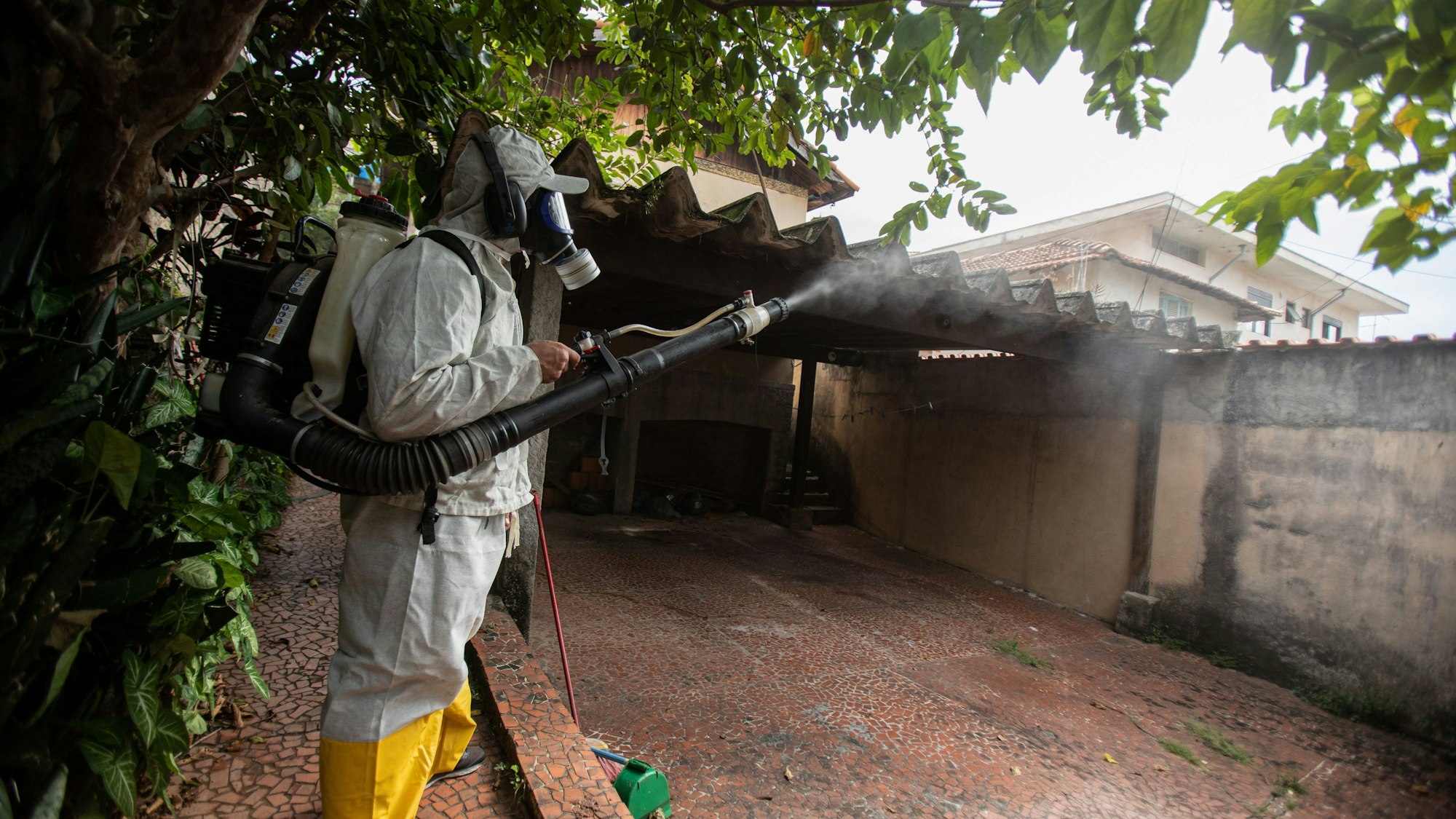 Ein Arbeiter der Stadt Sao Paulo räuchert ein Viertel im Norden der brasilianischen Metropole aus im Kampf gegen die Ägyptische Tigermücke (Aedes aegypti), die das Dengue-Virus überträgt.