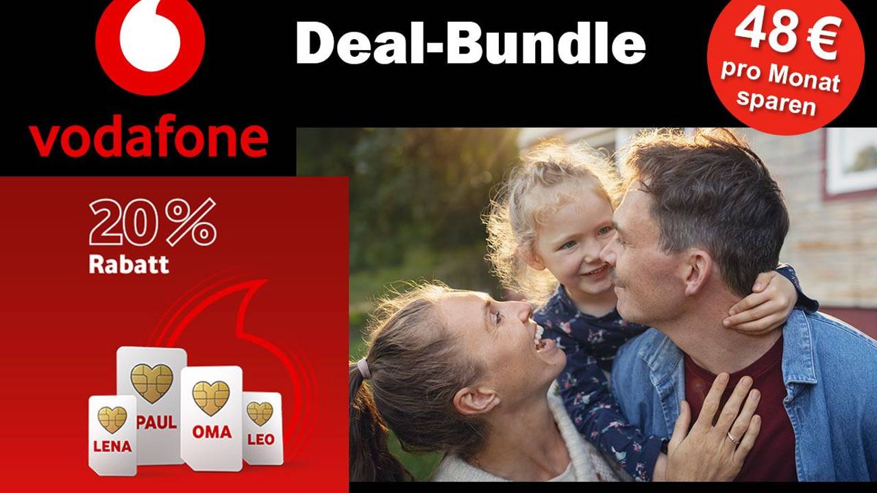 Familie freut sich, dazu SIM-Karten mit Logo von Vodafone.
