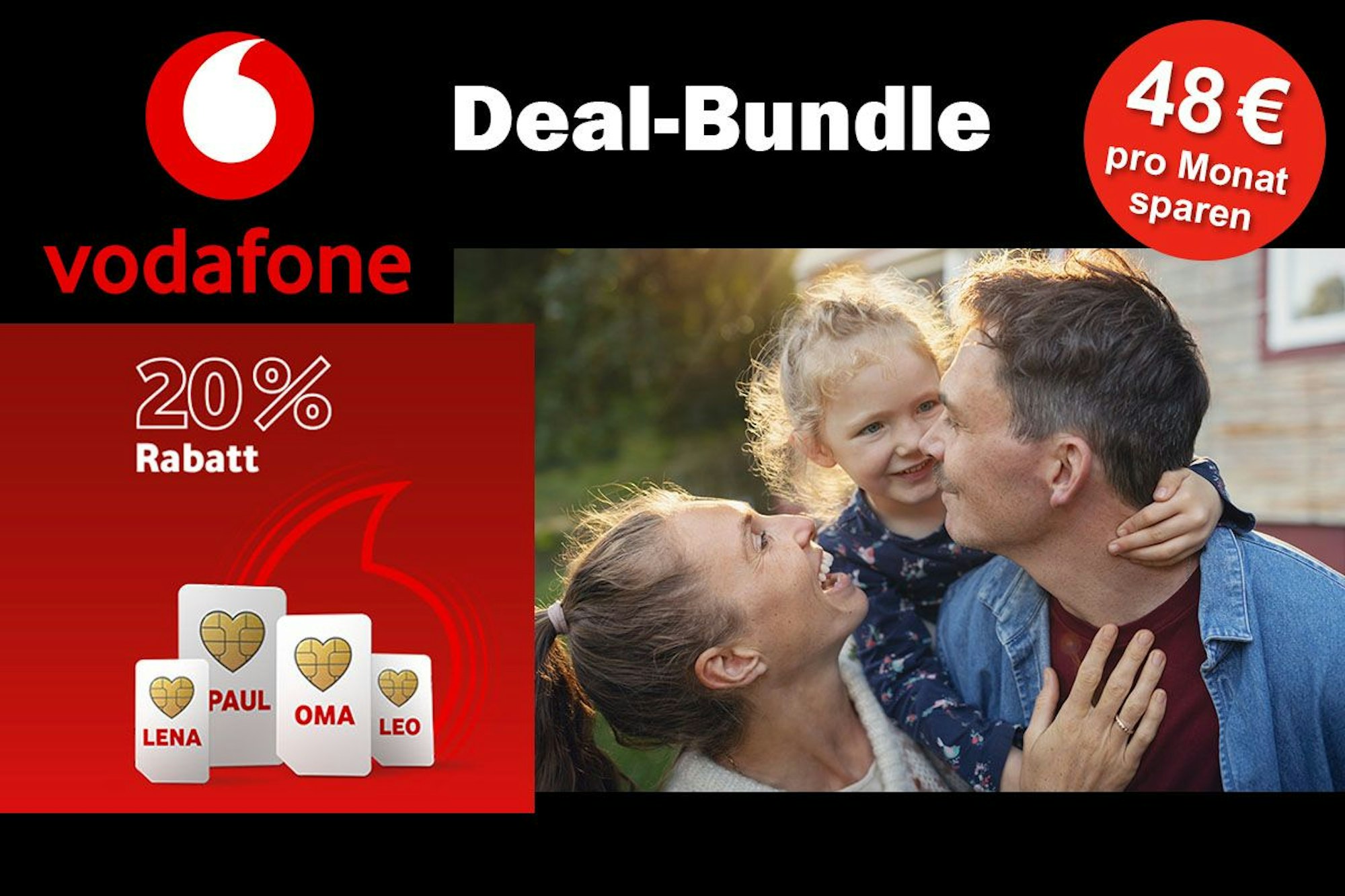Familie freut sich, dazu SIM-Karten mit Logo von Vodafone.