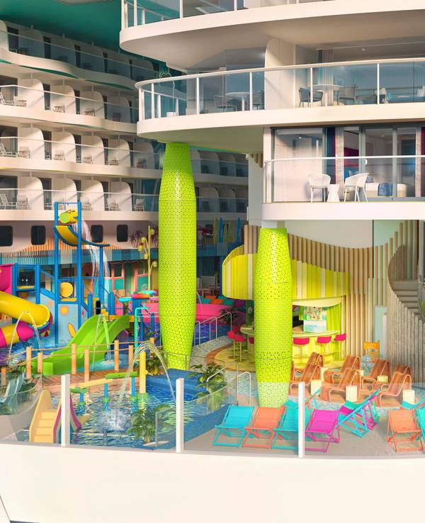 Die Grafik zeigt das „Ultimate Family Townhouse“ der „Icon of the Seas“, des aktuell weltgrößten Kreuzfahrtschiffs.