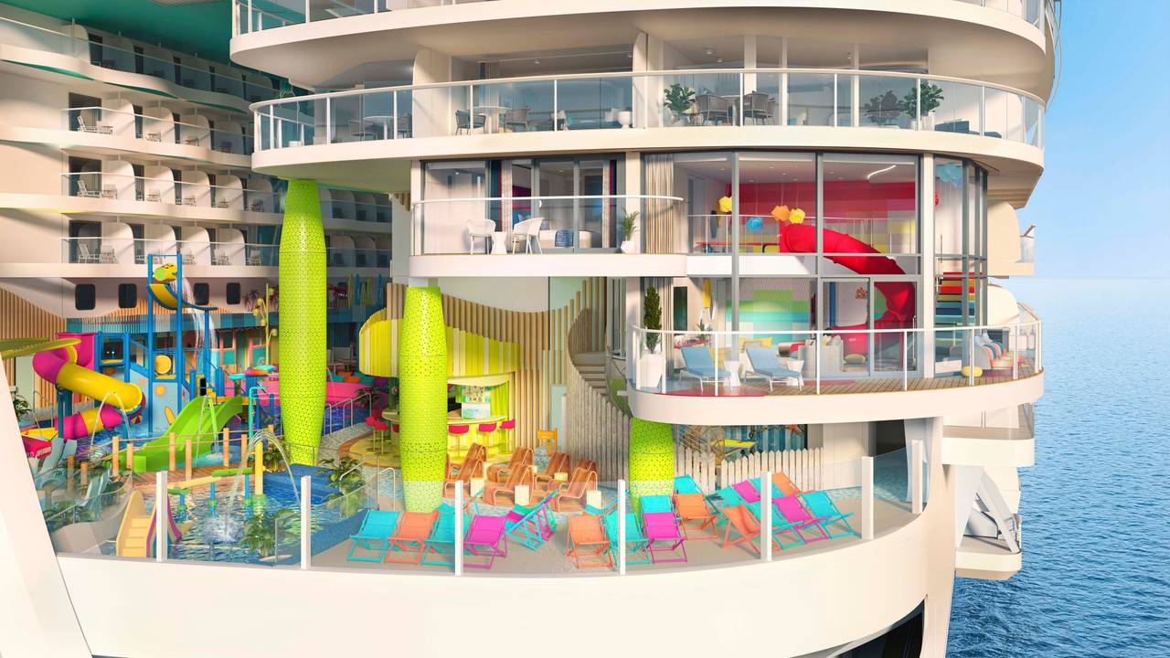 Die Grafik zeigt das „Ultimate Family Townhouse“ der „Icon of the Seas“, des aktuell weltgrößten Kreuzfahrtschiffs.