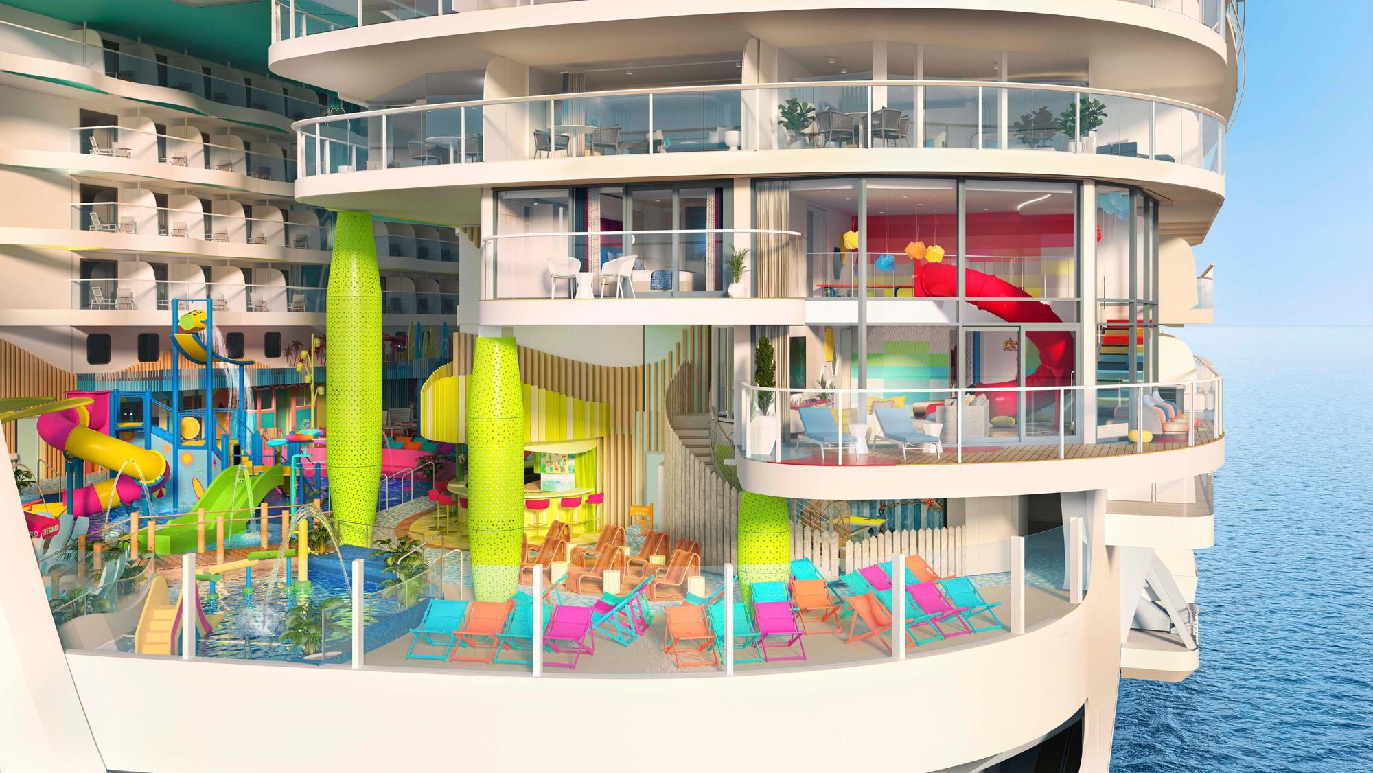 Die Grafik zeigt das „Ultimate Family Townhouse“ der „Icon of the Seas“, des aktuell weltgrößten Kreuzfahrtschiffs.