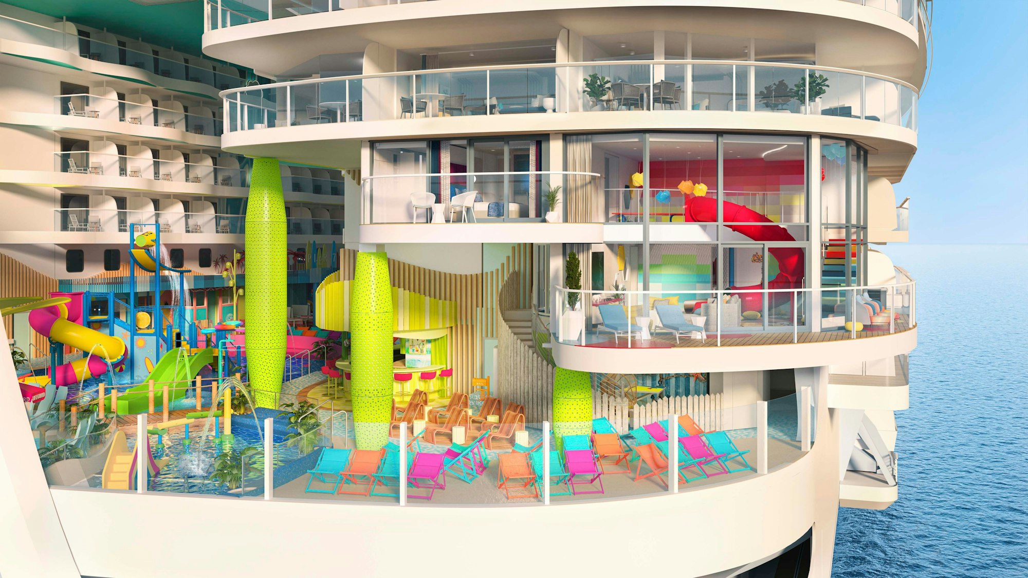 Die Grafik zeigt das „Ultimate Family Townhouse“ der „Icon of the Seas“, des aktuell weltgrößten Kreuzfahrtschiffs.