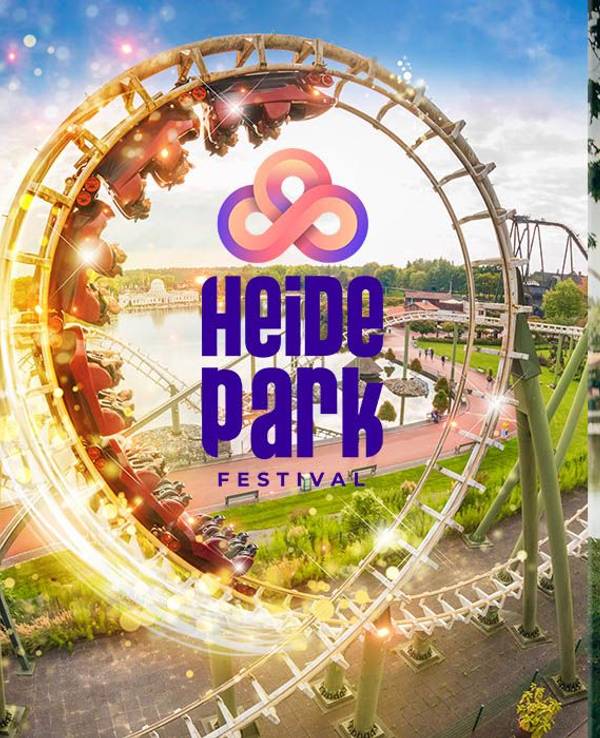 Heide Park Achterbahn und feiernde junge Menschen im Heide Park.
