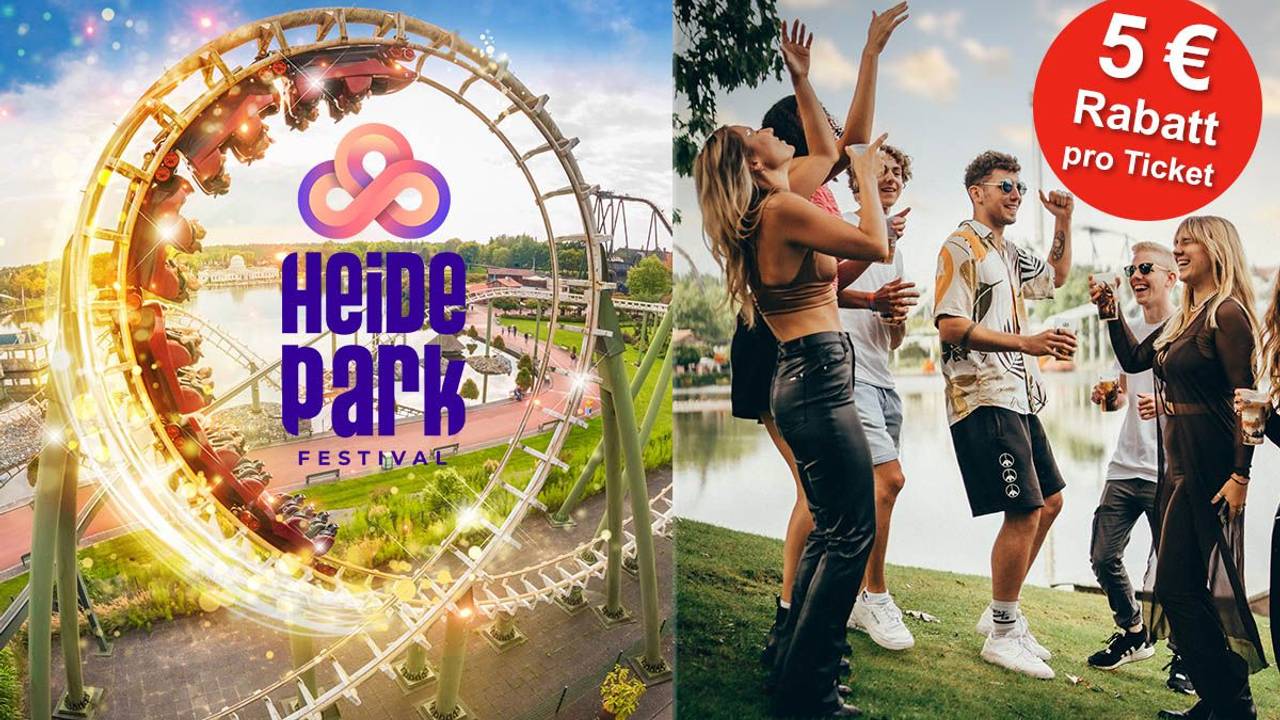 Heide Park Achterbahn und feiernde junge Menschen im Heide Park.