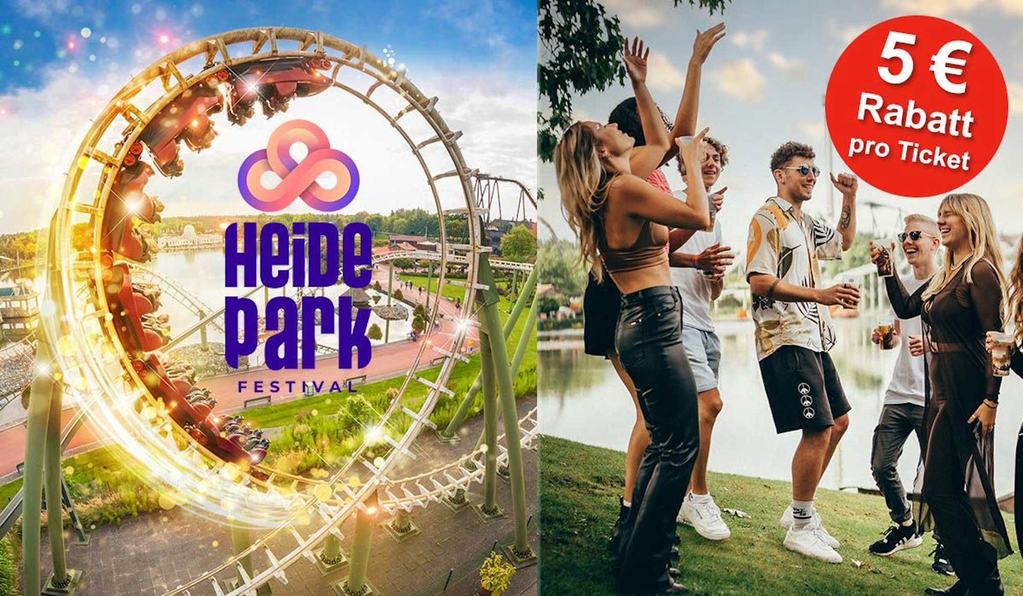Heide Park Achterbahn und feiernde junge Menschen im Heide Park.