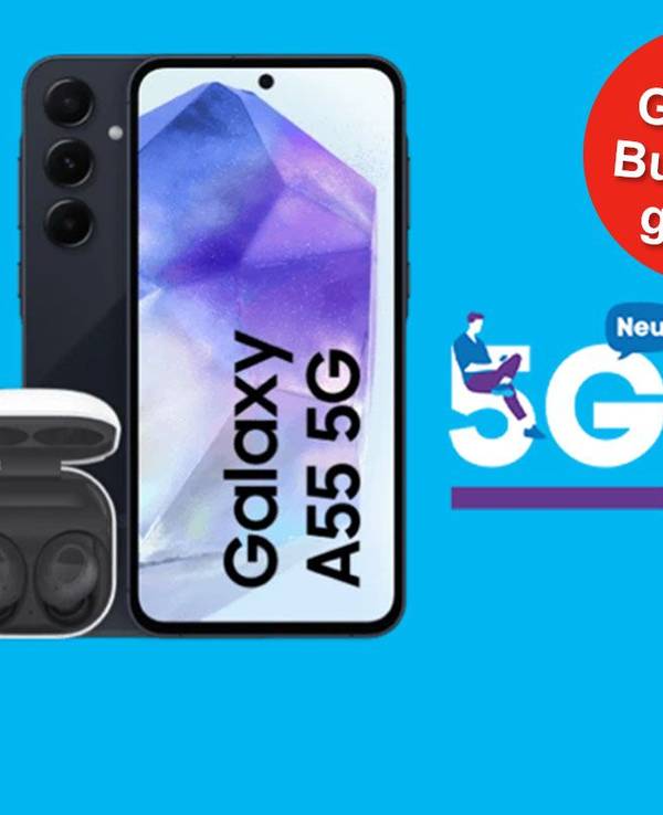 Samsung Galaxy A55 Smartphone und Samsung Galaxy Buds Bluetooth Kopfhörer mit Blau Logo.