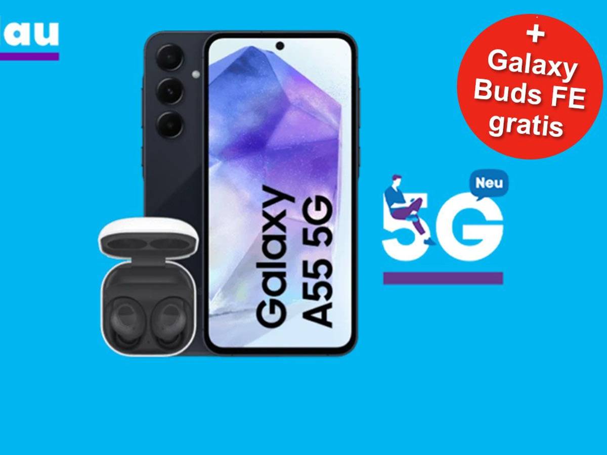 Samsung Galaxy A55 Smartphone und Samsung Galaxy Buds Bluetooth Kopfhörer mit Blau Logo.