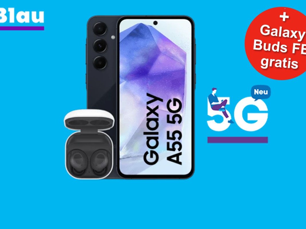 Samsung Galaxy A55 Smartphone und Samsung Galaxy Buds Bluetooth Kopfhörer mit Blau Logo.