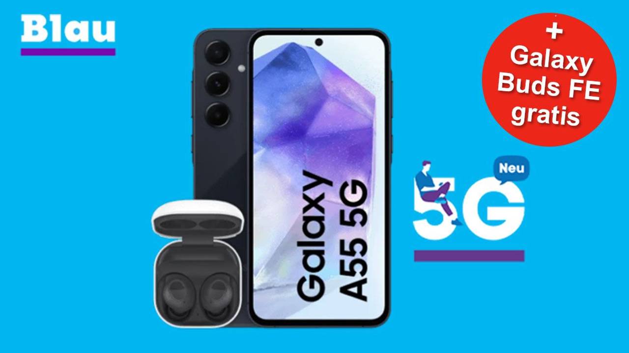 Samsung Galaxy A55 Smartphone und Samsung Galaxy Buds Bluetooth Kopfhörer mit Blau Logo.