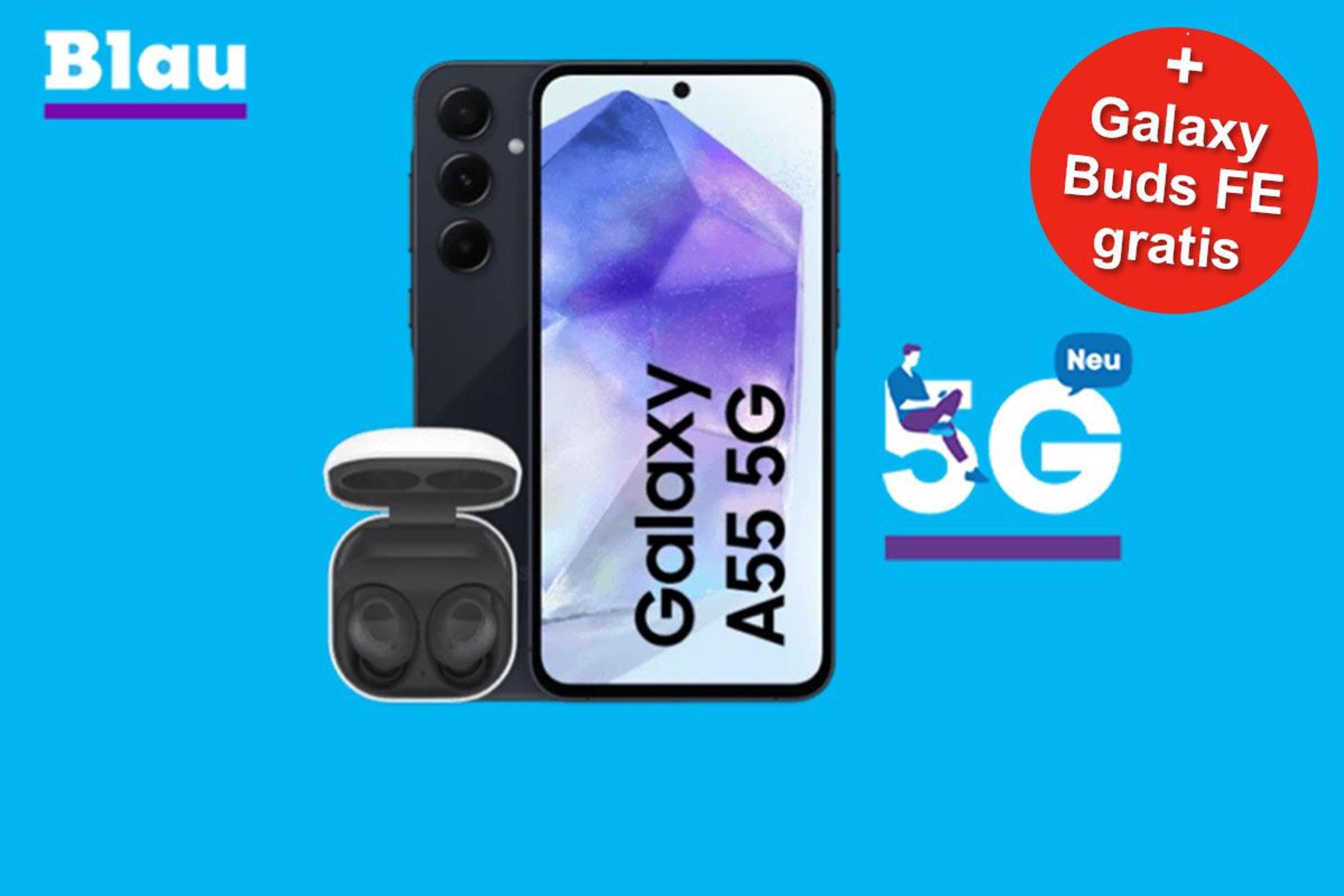 Samsung Galaxy A55 Smartphone und Samsung Galaxy Buds Bluetooth Kopfhörer mit Blau Logo.