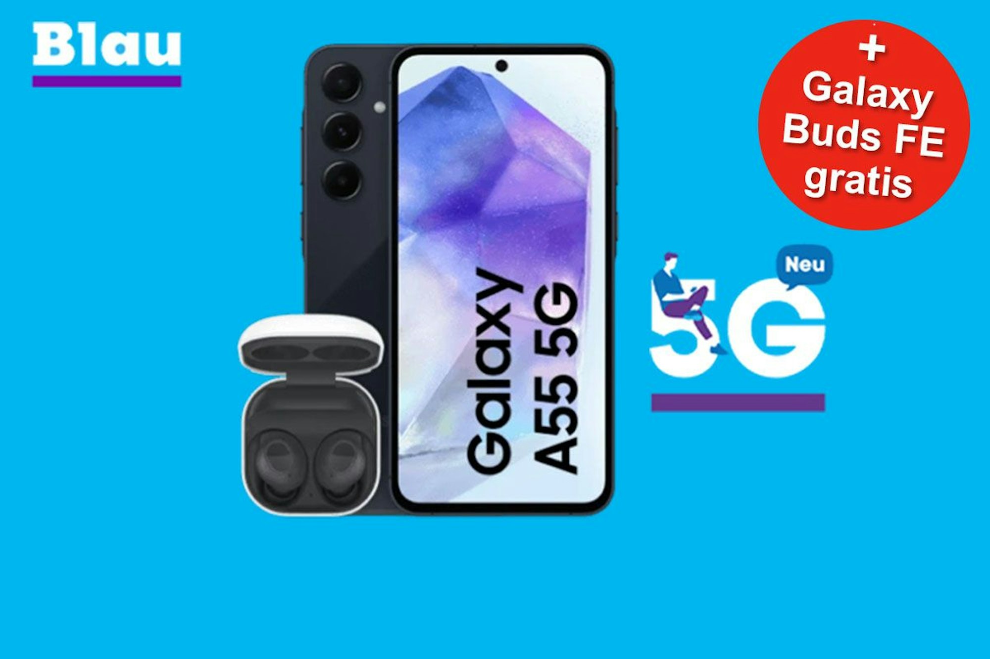 Samsung Galaxy A55 Smartphone und Samsung Galaxy Buds Bluetooth Kopfhörer mit Blau Logo.