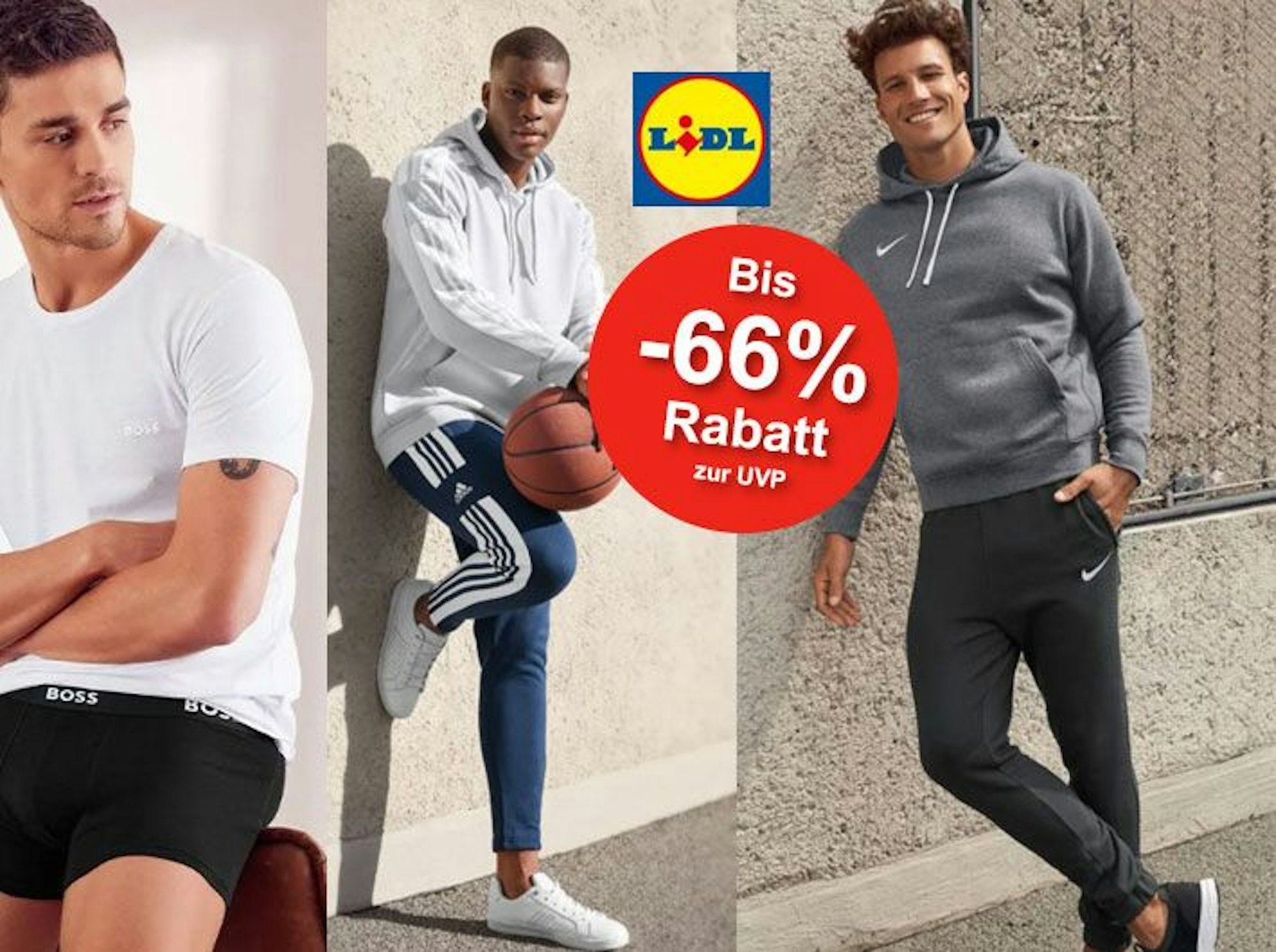 Auf dem Bild sind drei Männer, die jeweils ein Kleidungsstück der Marken Nike, adidas oder BOSS präsentieren.