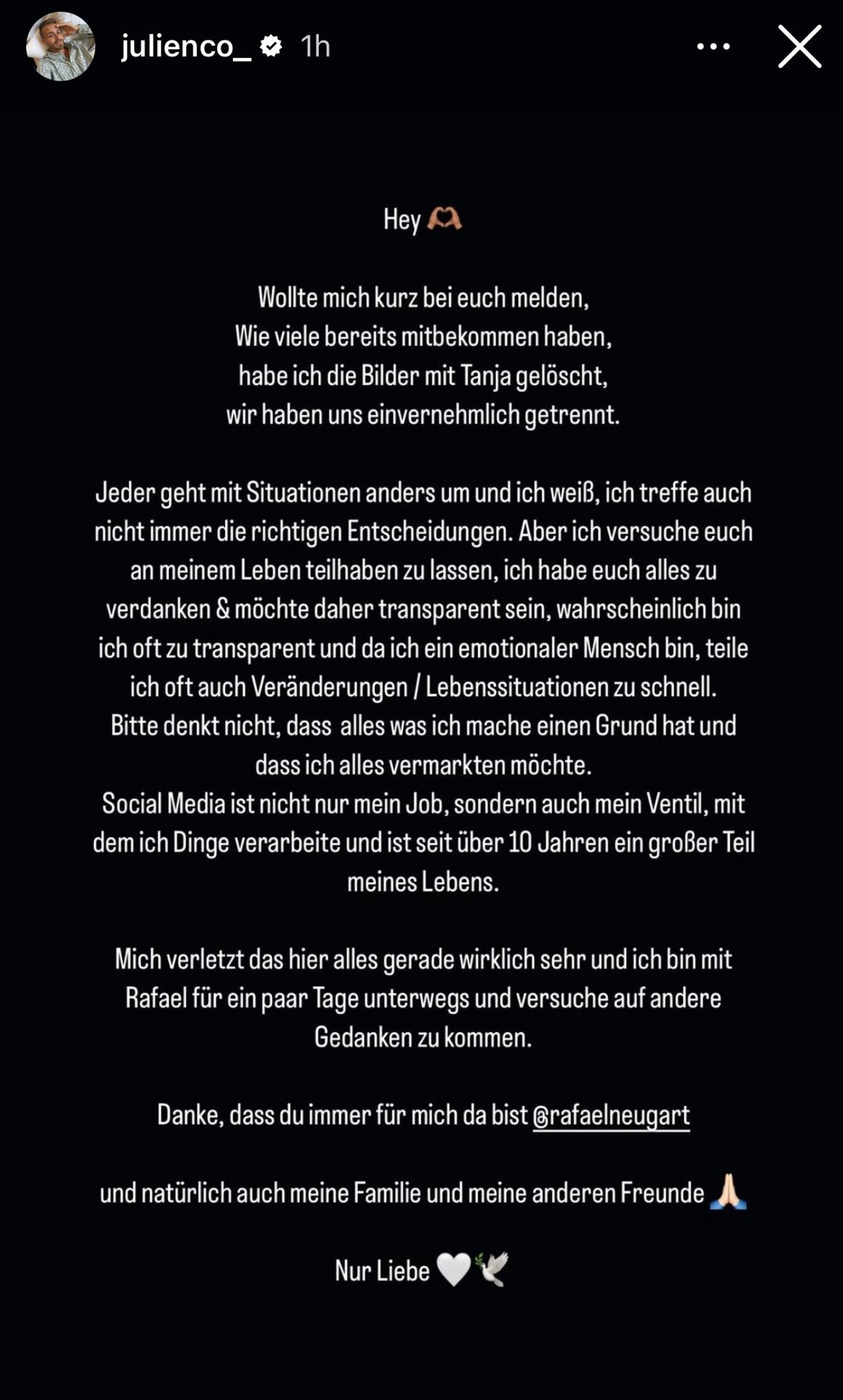 Juliencos Statement zur Trennung von Tanja Makaric, Foto: instagram.com/julienco