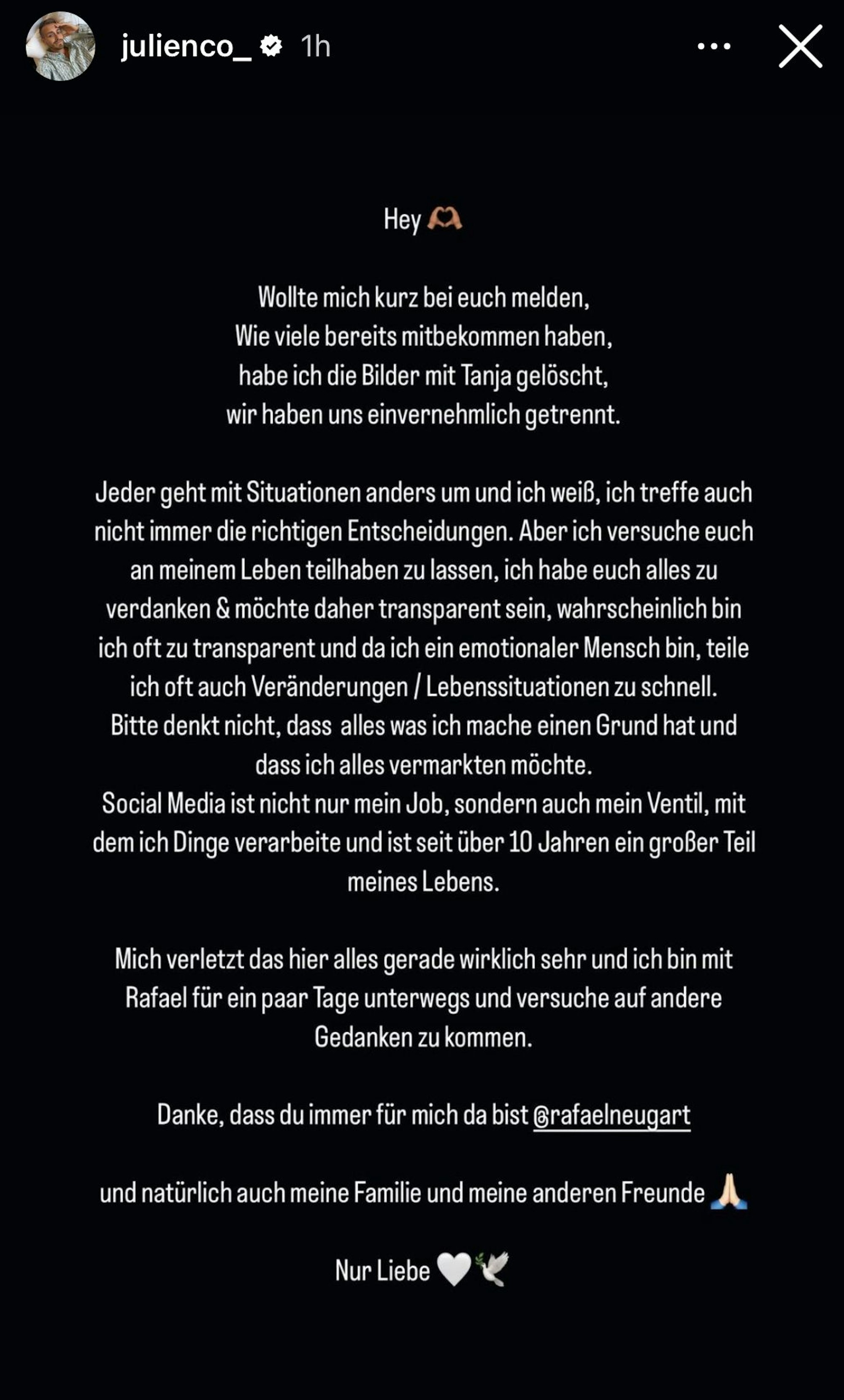 Juliencos Statement zur Trennung von Tanja Makaric, Foto: instagram.com/julienco