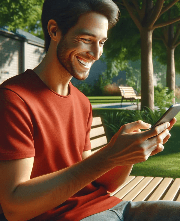 Eine Person sitzt auf einer Bank im Sonnenschein und schaut auf ihr Handy.