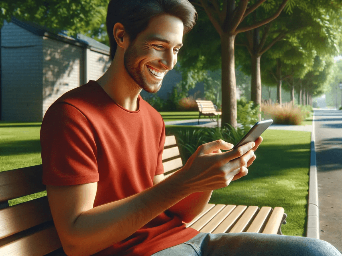 Eine Person sitzt auf einer Bank im Sonnenschein und schaut auf ihr Handy.