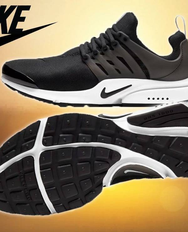 Nike Air Presto Sneaker in Farbe Schwarz-Weiß gezeigt von der Seite und von unten.