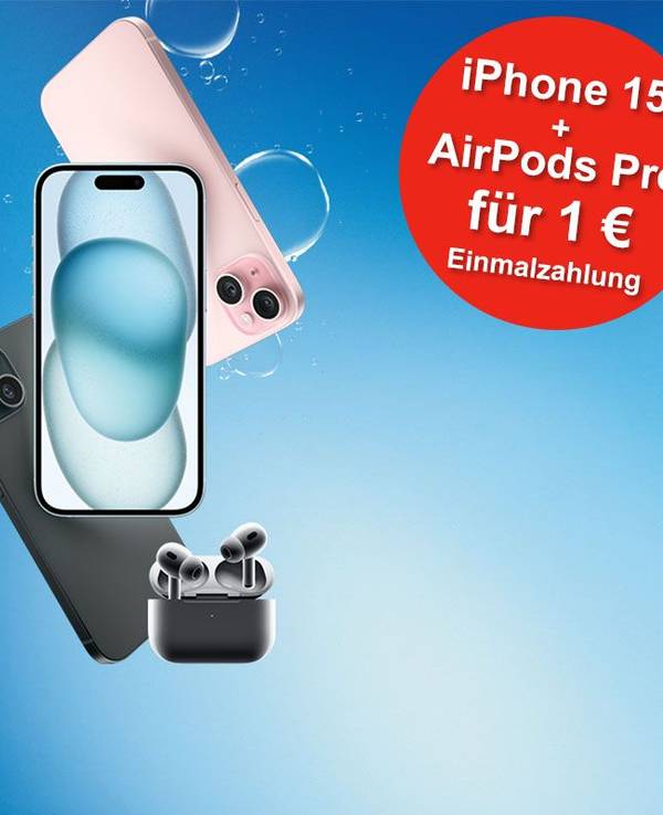 iPhone 15 in verschiedenen Farben zusammen mit den Apple AirPods Pro (2. Gen) vor blauem Hintergrund.