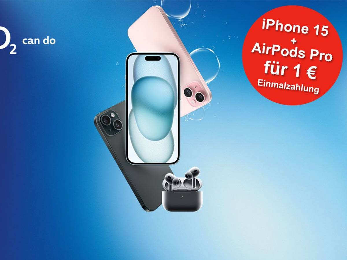 iPhone 15 in verschiedenen Farben zusammen mit den Apple AirPods Pro (2. Gen) vor blauem Hintergrund.