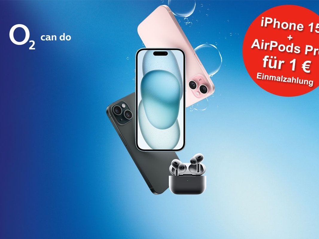 iPhone 15 in verschiedenen Farben zusammen mit den Apple AirPods Pro (2. Gen) vor blauem Hintergrund.