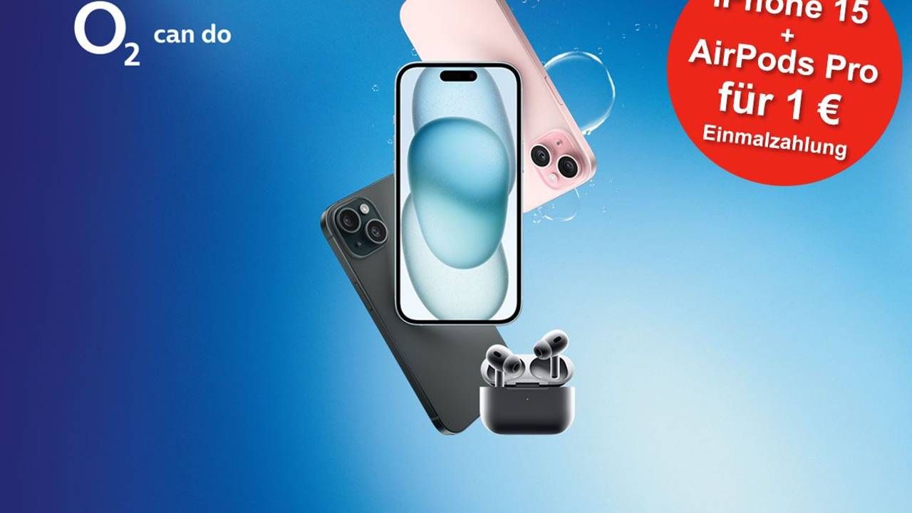 iPhone 15 in verschiedenen Farben zusammen mit den Apple AirPods Pro (2. Gen) vor blauem Hintergrund.