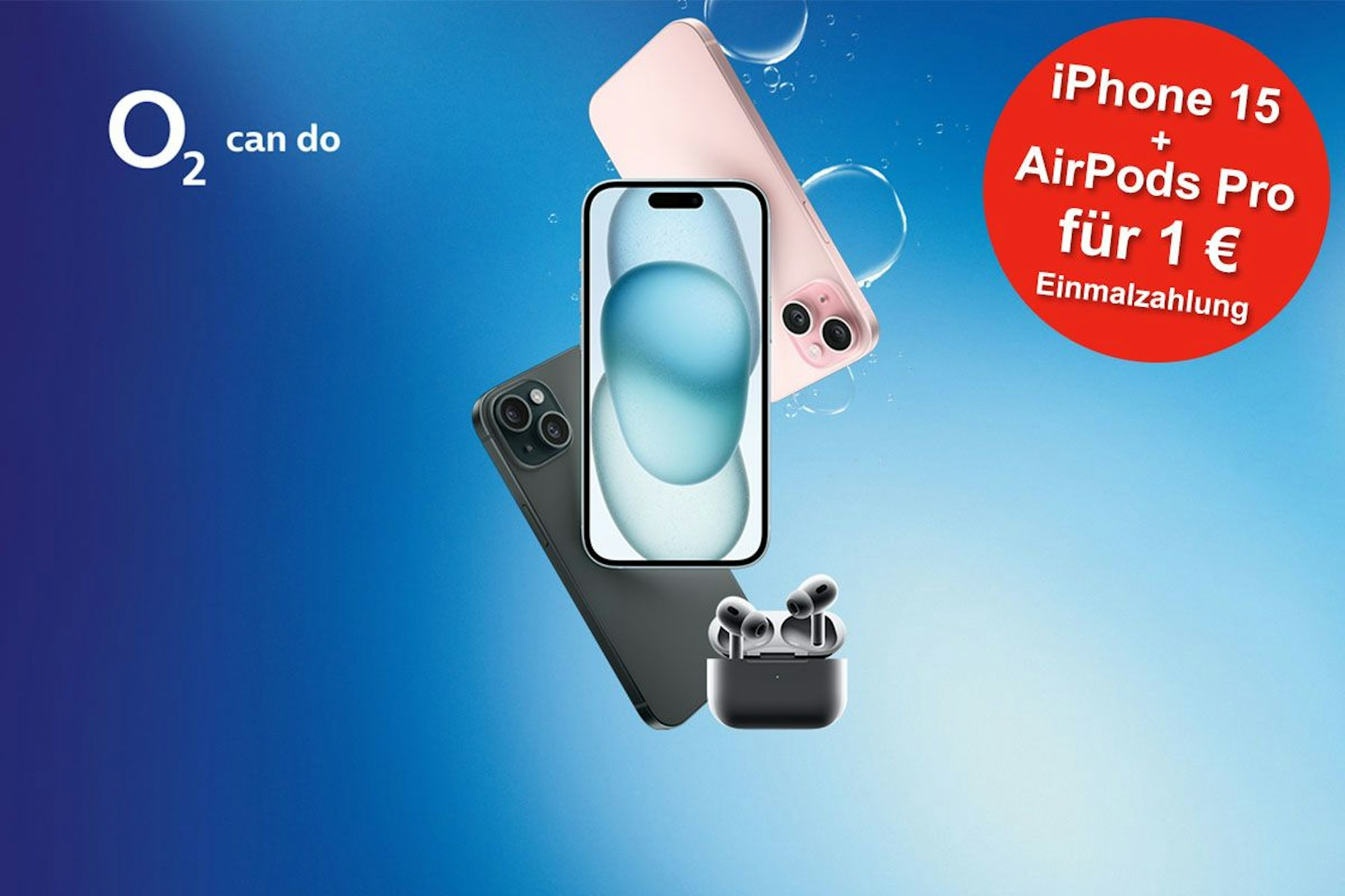 iPhone 15 in verschiedenen Farben zusammen mit den Apple AirPods Pro (2. Gen) vor blauem Hintergrund.