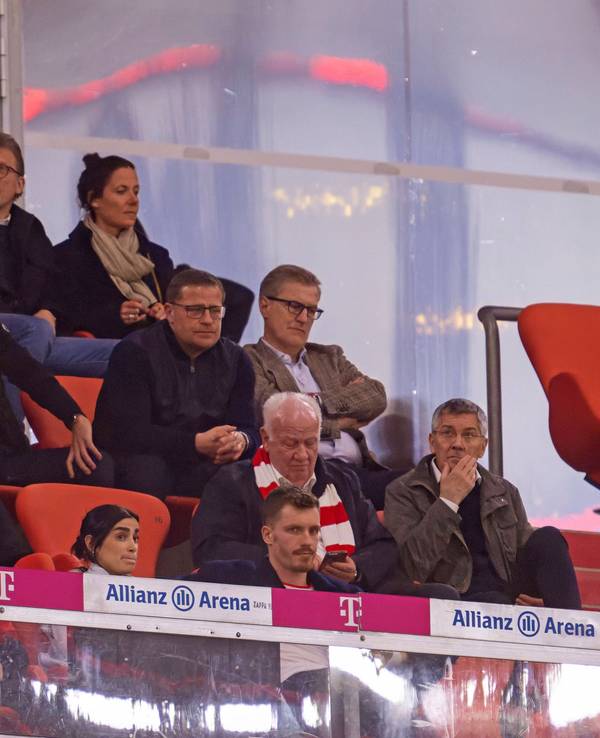 Uli Hoeneß, Max Eberl, Christian Dreesen und Herbert Hainer sitzen auf der Tribüne in der Allianz-Arena.