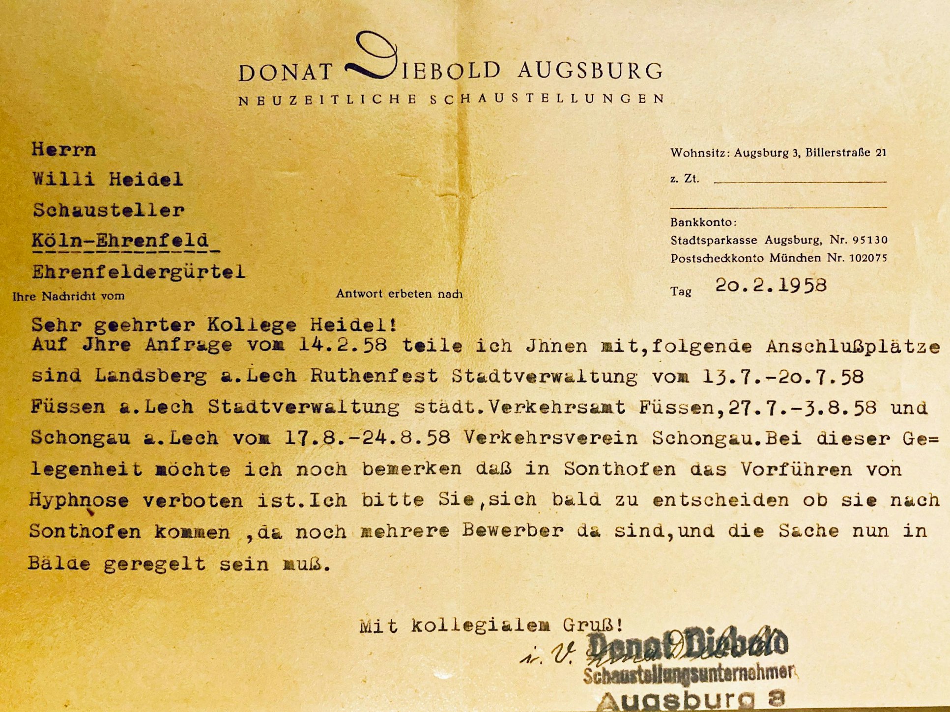 Der Brief enthält Informationen zu Jahrmärkten in Bayern im Jahr 1958. Foto: Rösgen