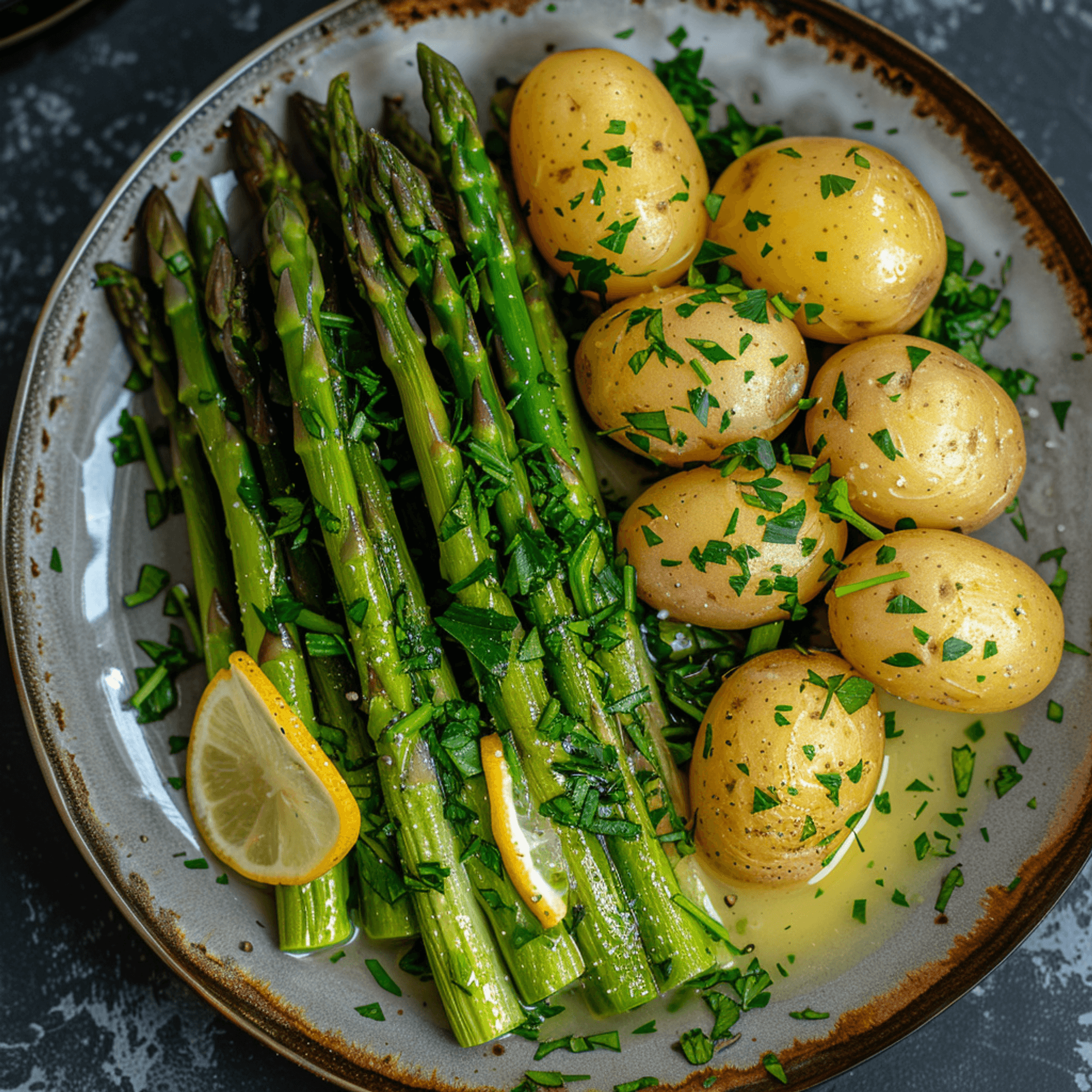 Grüner Spargel mit Zitronen-Buttersoße an Salzkartoffeln
