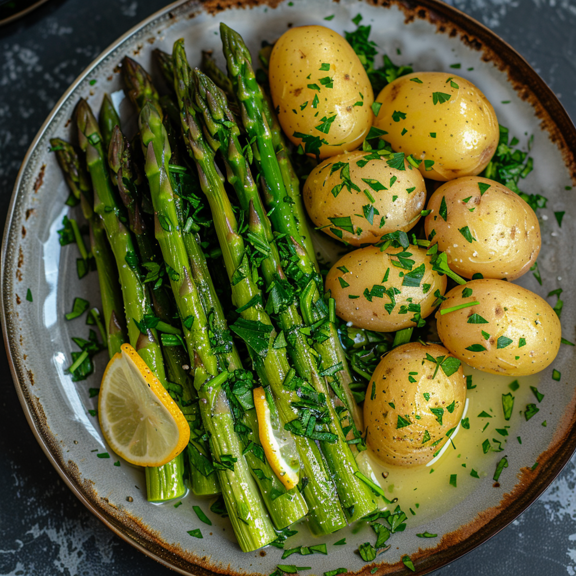 Grüner Spargel mit Zitronen-Buttersoße an Salzkartoffeln