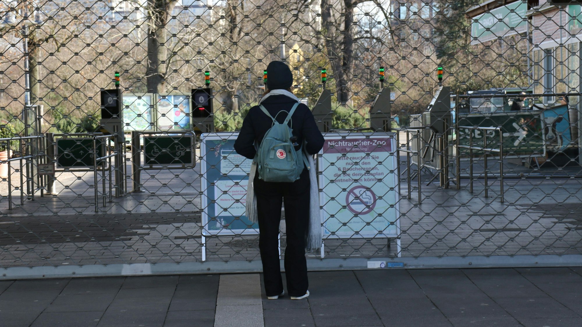 Ein Mann steht am Eingang des Kölner Zoos, der allerdings mit einem großen Gitter verschlossen ist.