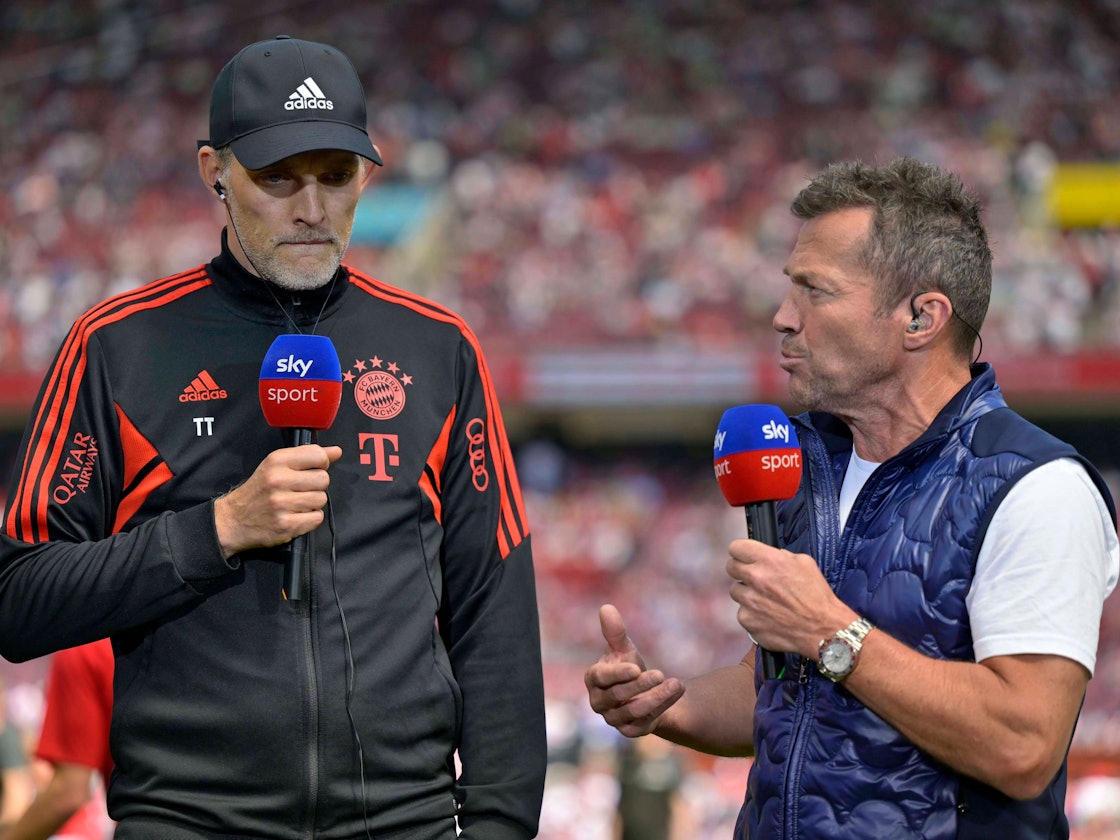 Thomas Tuchel und Lothar Matthäus stehen bei einer Sky-Übertragung nebeneinander.