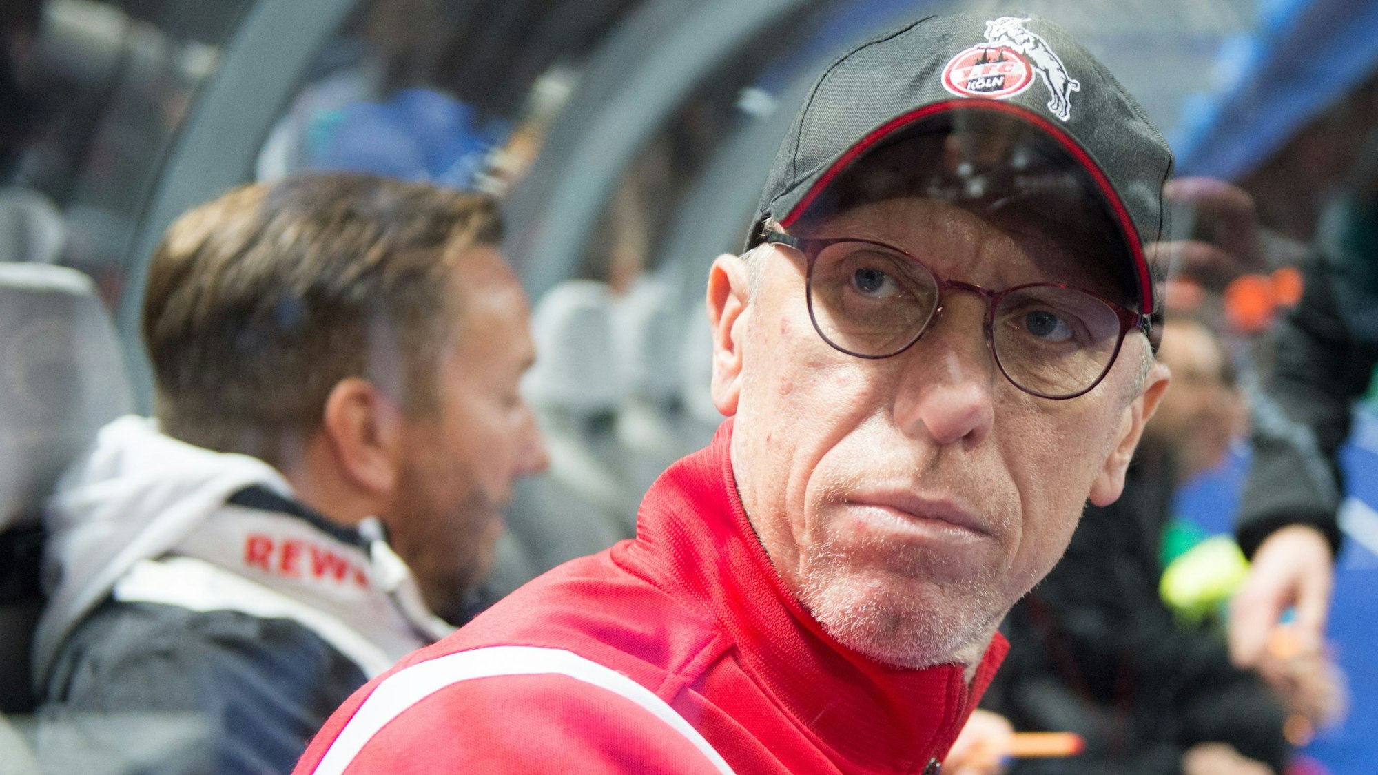Peter Stöger sitzt mit FC-Kappe auf der Trainerbank.
