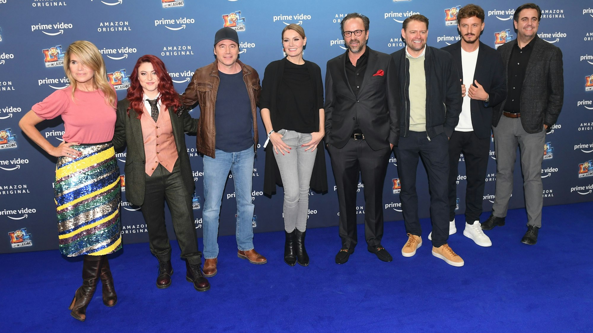 Anke Engelke, (l-r) Tahnee, Michael Bully Herbig, Martina Hill, Kurt Krömer, Max Giermann, Tommi Schmitt und Bastian Pastewka zeigen sich bei der Premiere der zweiten Staffel der Comedyshow «LOL: Last One Laughing» im ARRI-Kino. Die neuen Folgen starten am 1. Oktober bei Amazon Prime Video.