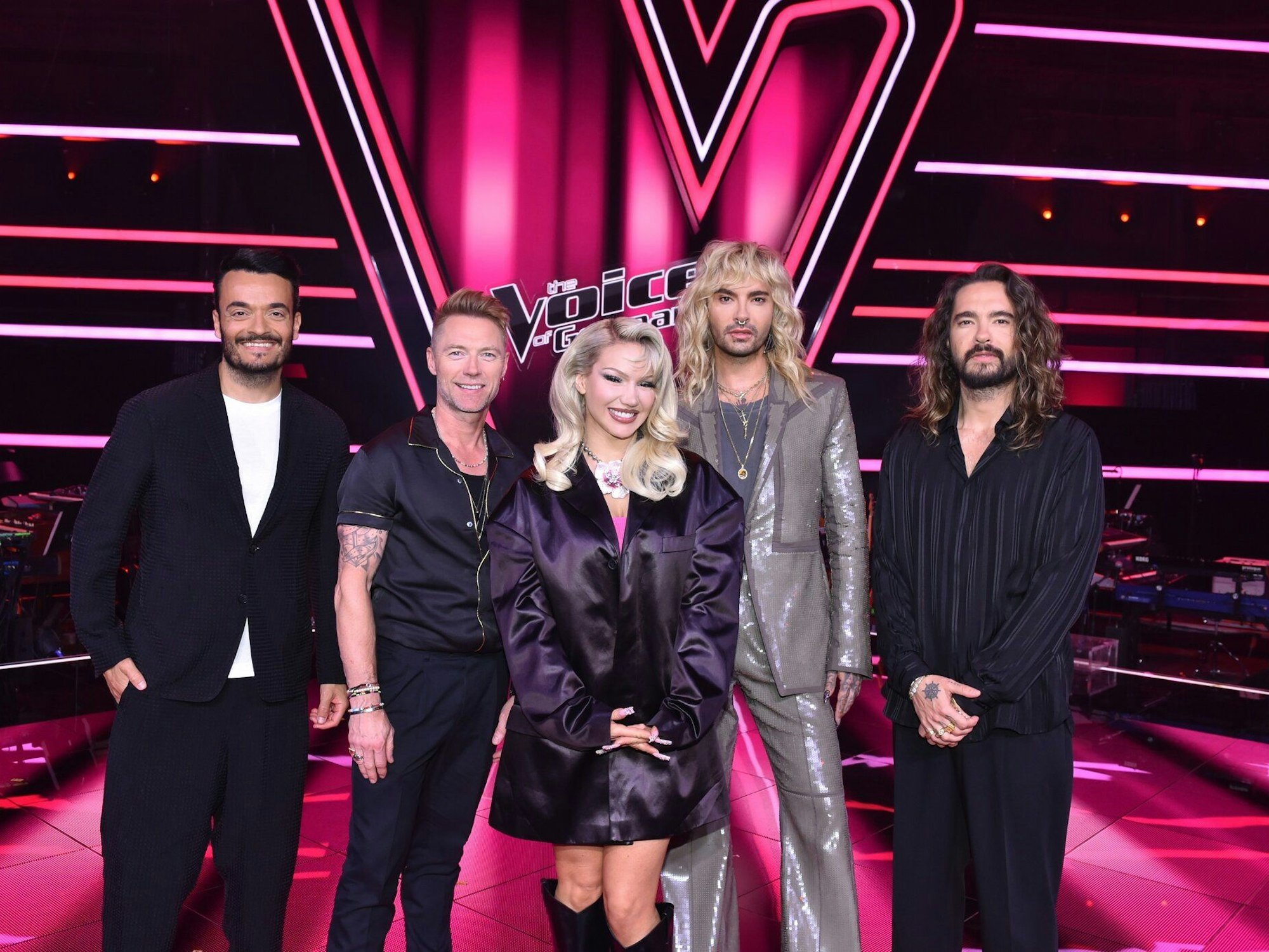 Titel: The Voice of Germany;
Staffel: 13;
Person: Giovanni Zarrella; Ronan Keating; Shirin David; Bill Kaulitz; Tom Kaulitz;
Copyright: ProSieben/SAT.1/André Kowalski;