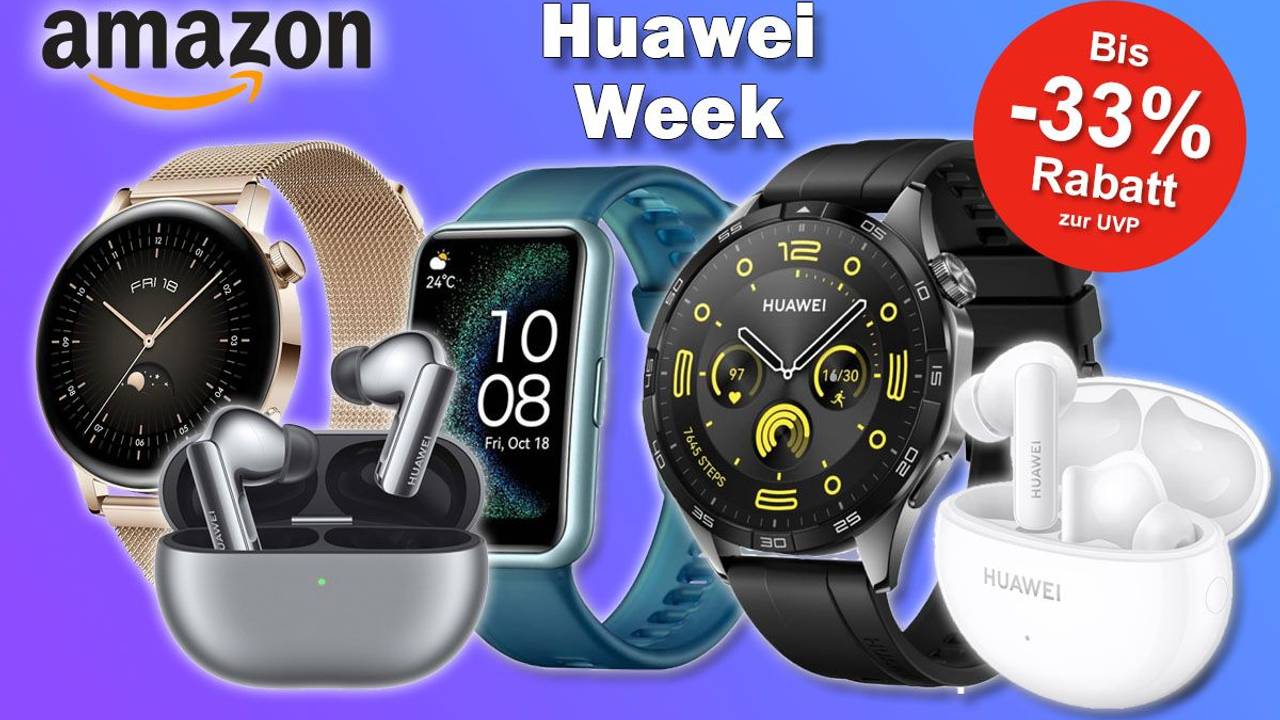 Huawei In Ear Kopfhörer und Smartwatches wie Huawei Watch GT 4 und Huawei FreeBuds Pro 3.